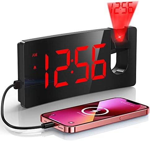 Projection Alarm Clock, Digital Clock with 180° Rotatable Projector, 3-Level Brightness Dimmer, Clear LED Display, USB Charger, Progressive Volume, 9mins Snooze,12/24H, Digital Alarm Clock for Bedroom