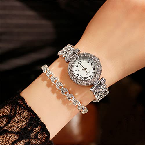 Elegant Diamond-Studded Quartz Watch Set with Roman Numerals for Women - Silver Dress Wristwatch - Image 2