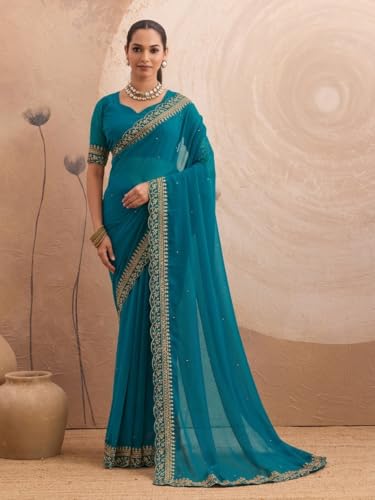 Image of Women's Georgette Embroidery Border Beads work Saree with Blouse Piece