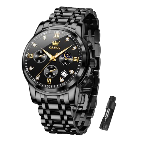 OLEVS Men's Watches Chronograph Gold Black Stainless Steel Analog Quartz Men's Watch Waterproof Multi-Function Dial with Date Luminous Business Watches for Men