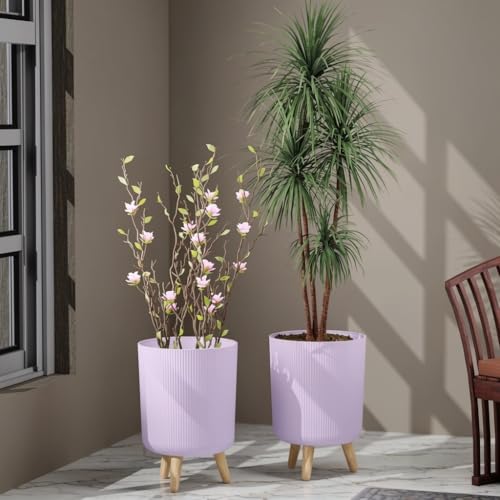 Image of StyleX Store Modern Flower Pot with Plastic Legs | Indoor Outdoor Planter for Home Garden Balcony Decor Ribbed Design Sturdy Plastic Mid-Century Style (Lavender Pack of 2)
