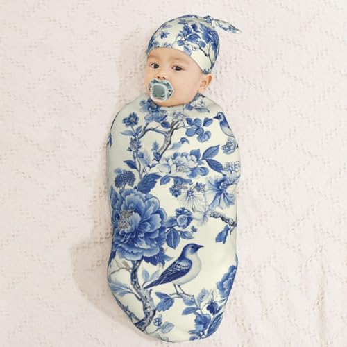 Image of Chinoiserie Blue Floral Birds Swaddle Blanket with Beanie Hat Set Newborn Swaddle Wrap Soft Baby Receiving Blankets Baby Swaddle Blanket for Baby Boys and Girls