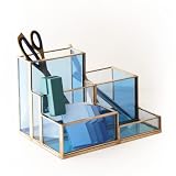 FONDAZZA 5-Compartment Desk Organizers and Accessories for Home Office Supplies, Blue Glass with Gol