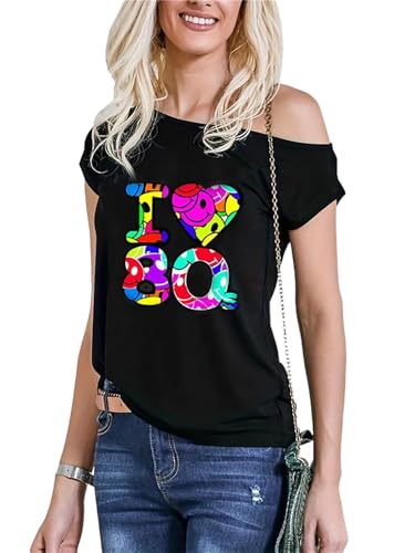 Fashion Sports Dude T-shirt feminina I Love 80s Off Shoulder, t-shirt retro com estampado colorido, ideal para festas dos anos 80, moda vintage e disfarces, Preto