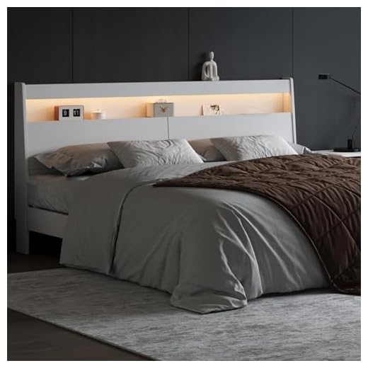 KATYGLORY Queen Headboard Only Bed Backboard with Storage, Skirting Groove, Power Outlet, 2 USB Ports and LED Light Sturdy and Stable Wooden White Headboard