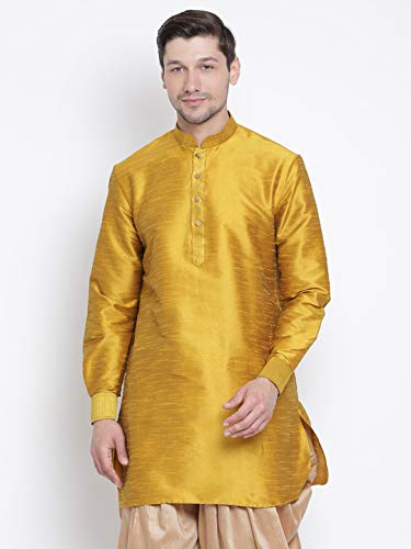 Image of VASTRAMAY VM Mens Silk Blend Mustard Kurta - Elegance for Festivals & Events | Curved Shape Pathani Style Men Silk with slight Cotton mix, Mid Length Kurta | Classic Design, Premium Comfort