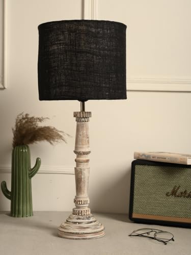 Image of Green Girgit Empire Wooden Lamp in Distress White Color with Jute Black Lamp Shade, Reading & Bedside Table Lamp, Home & Living Room Decor