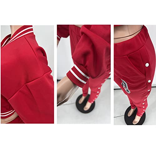 Women's 2 Piece Tracksuit Long Sleeve Varsity Outfit Crop Top Bodycon Pants Jumpsuit Set Black #TOP4