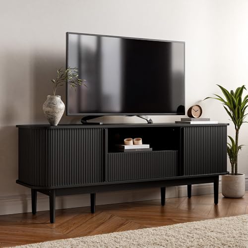 Image of Furniway Modern TV Stand for 45 /55 /70 inch TV, Entertainment Center with Sliding Doors and Storage, Wood TV Stand for Bedroom, Living Room, Black
