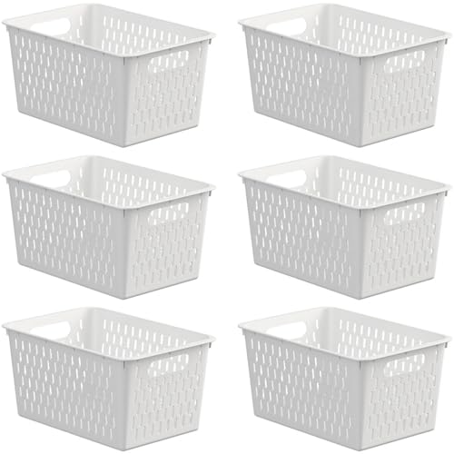 LISNSMY 6-Pack Plastic Storage Baskets Set of Stackable Plastic Baskets Sturdy Storage Containers with Handle for Shelves Drawers Desktop Closet Classroom Office
