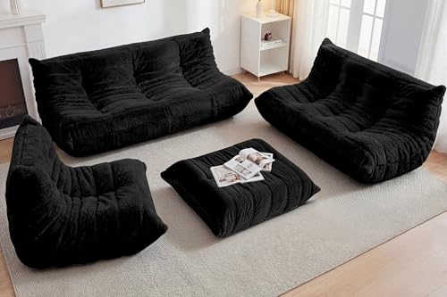Image of Bean Bag Pouf Ottoman, Foot Stool, Foot Rest with Memory Foam Filled, Rectangle Ottoman for Living Room, Bedroom, Office (Black Plush)