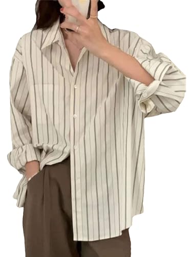 Women's Oversized Boyfriend Shirt Cotton Linen Long Sleeve Black &