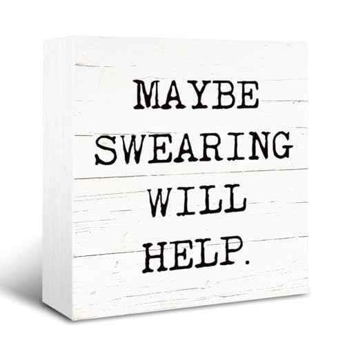 Funny Decor Signs, Sarcastic Humor Wood Signs, Farmhouse Home Office Decor, Living Room Decors for Tabletop, Shelf Decoration, Wooden Box Sign Decorative, Maybe Swearing will Help Sign, 5×5×1.2inches