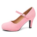 Women's Pumps Close Toe High Heels Classic Round Toe Mary Jane Comfortable Low Platform Ankle Strap Dress Shoes Pink Velvet-41US 8.5