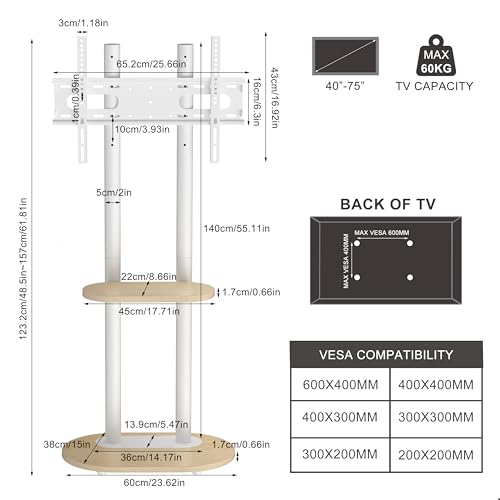 UNHO Support TV Mobile 40–75″ avec roulettes Design Moderne Hauteur Réglable Étagère VESA 200×200 à 600×400 Charge 60 kg pour Salon, Bureau et Expo – Image 3