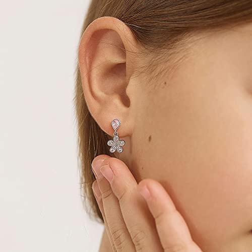 925 Sterling Silver Girl's Pretty Flower Dangles, Clear & Pink Cubic Zirconia Screw Back Locking Earrings, Charming And Timeless For Young Girls & Preteens-Floral Lover Kids Daily Wear #TOP2