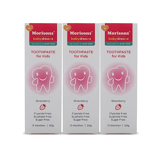 Image of Morisons* Babydreams The Choice Of Smart Mums Kids Strawberry Flavour Toothpaste 50 Gram (Pack Of 3), Fluoride Free, Sulphate Free & Sugar Free, 12M+