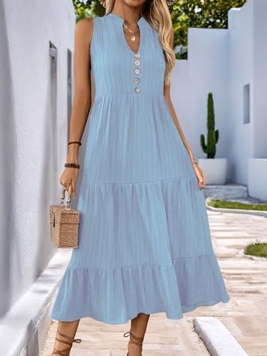 Image of HELYO Women's Casual Summer Dress 2026 Sleeveless V Neck Button Beach Sundress Tiered Ruffle Flows Skirt Midi Dresses