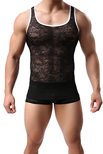 Men's Floral Lace Tank Tops Sissy See Through Sleeveless Undershirt Sheer Fitted Muscle Top Undershirts (Black,Medium)