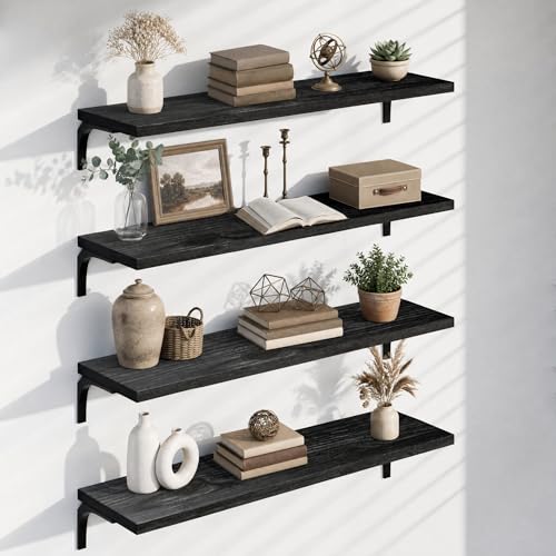 Image of 12 Inch Deep Floating Shelves Set of 4, 48 Inch Wide Black Solid Wood Wall Shelves, 4ft Heavy Duty Farmhouse Wall Mounted Shelving for Kitchen, Living Room & Bedroom
