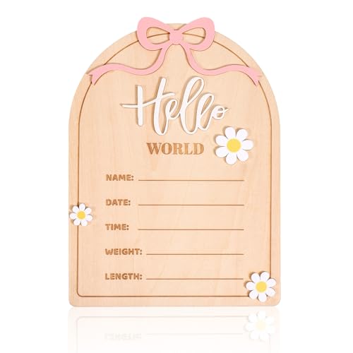Gosknor Fiocco Rosa Insegna Annuncio Neonato, Margherita 3D Legno Hello World Lavagna Benvenuto Bimbo Targhetta Nome Nascita Ospedale Accessorio Foto per Baby Shower Decorazione Camera Bambini