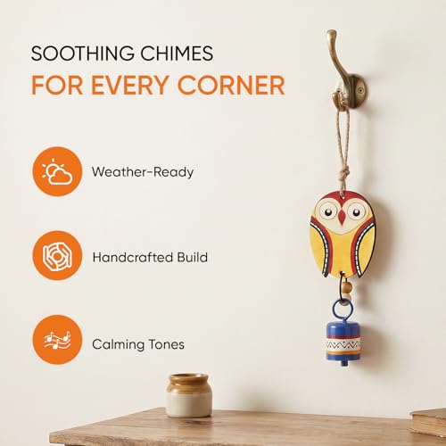 Image of Aakriti Art Creations Owl Wind Chime with Metal Bell in Yellow & Blue | Modern Art Handmade Wooden & Metal Wind Chime | Matte Decorative Wind Chimes for Balcony, Garden & Home, Living Room & Gifting