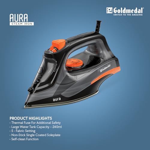 Image of Goldmedal Aura 1400W Steam Iron| Non-stick Premium Single Coated Soleplate| 5 Fabric Setting|1.8 Meter Cord|360 Swivel Cord| Indicator Lamp for Heating| 2.5 Years Warranty| Light Weight (Black)