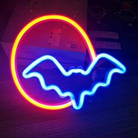 TiSkying Moon and Bat LED Neon Lights, Halloween Neon Signs USB/Battery Powered Night Lights for Wall Room Bar Party Decor Cover