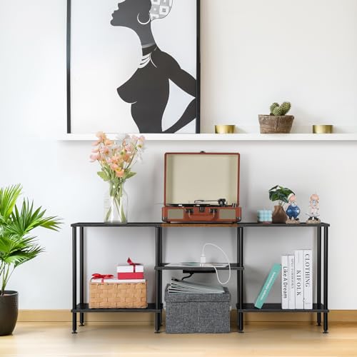 Image of OYEAL Black Bedroom TV Stand with Power Outlets up to 50 inch TV, Small Entertainment Center Stand with Storage Modern Media TV Console Table for Living Room Bedroom