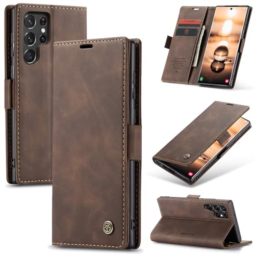 Rerzoiro for Samsung Galaxy S22 Ultra Case, Premium PU Leather Wallet Case Flip Cover with [Magnetic][Card Holder][Stand Function] Shockproof Protective for Samsung Galaxy S22 Ultra 5G, Coffee