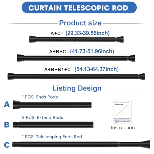 Image of Shower Curtain Rod 2 Pack Adjustable Curtain Rods 30-64 Inch Black Shower Curtain Rods no Drilling Expandable Tension Spring Rod for Bathroom Closet Doorway Door