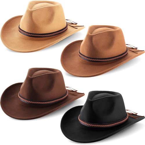 Image of Chuarry 4 Pcs Women Men Felt Western Cowboy Hats Wide Brim Cowgirl Hats Panama Hat for Adults Costume Outdoor