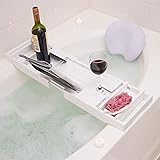 Bamboo Bathtub Tray Caddy - Wood Bath Tray Expandable with Book and Wine Holder - Great Gift Idea for Loved Ones