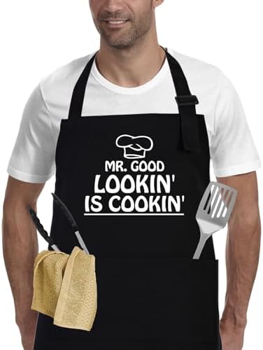 Kitchen Cooking BBQ Aprons for Men with Pockets, Adjustable Chef Apron, Fathers Day Gift, Funny Gifts for Men, Dad, Husband, Grandad Birthday Gifts