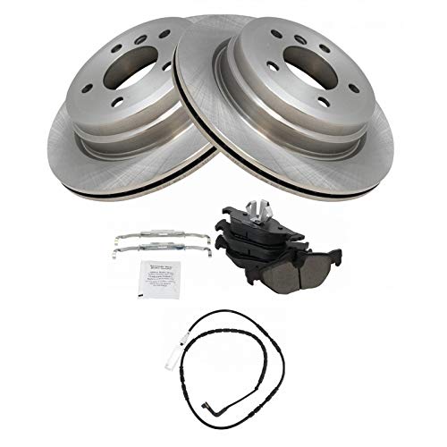 Image of TRQ Rear Brake Pad and Rotor Set Semi Metallic Vented Rotors Wear Sensor | For 2007-2013 BMW 328i 2009-2013 328i xDrive 2007-2008 328xi