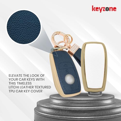 Image of keyzone Litchi Leather Textured TPU Key Cover & Keychain for E-Class, S-Class, A-Class, C-Class, G-Class 2020 Onwards Smart Key (Blue)