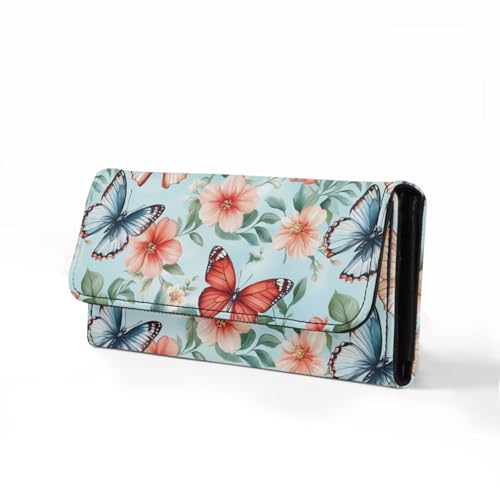 Image of AFPANQZ Womens Leather Wallets Red Butterfly Flower Large Capacity Card Holder Zipper Travel Purse, Phone Holder Coin Zip Pocket Multi Cards