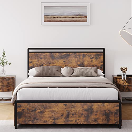 Amyove Queen Bed Frame With Headboard And 4 Storage Drawers,Metal Platform Bed With Large Storage Space No Box Spring Needed Noise Free Rustic Brown (Queen) #TOP3
