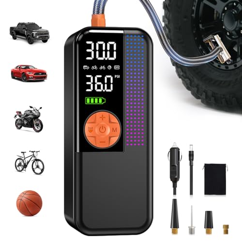 Image of WEOLULI Tire Inflator Portable Air Compressor,150 PSI Cordless Air Pump, 12V DC Car Plug,Dual Power 10000mAh, Fast Inflation 24L /Min, 4 Preset Modes for Car, Bike, Motorcycle, Balls(Orange, 10000mAh)