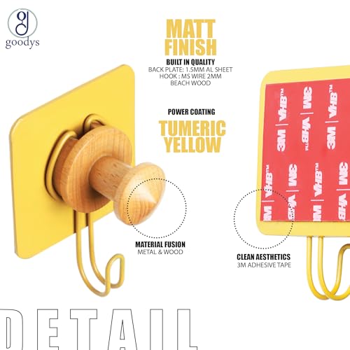 Image of goodys Strong Self Adhesive Wall Hooks & Knob (2Pcs), Heavy-Duty Rustproof Aluminum Drill Free Wall Hooks for Cloth Hanging, Ideal for Coat, Kitchen & Bathroom Towel Hanging (Turmeric Yellow)