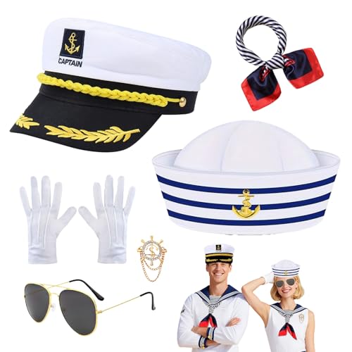 Pluvyze - 6-Teiliges KapitäNsmüTze-Set,MatrosenmüTze,KapitäN KostüM,Enthalten KapitäNsmüTze, MatrosenmüTze,Schal, Handschuhe,Brosche Und Sonnenbrille,Nautische Mottopartys Und Karneval Halloween Rollenspiele - -3%