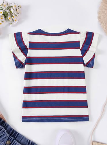 Image of Girls Striped Shirt Flutter Sleeve Top Crewneck Cute Summer T Shirts Casual Tees Blue White 7-8 Years