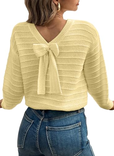 Image of EVALESS Sweaters for Women Long Sleeve Fall Outfits 2026 Back Bow Knot Sweaters Round Neck Solid Knit Pullover Tops