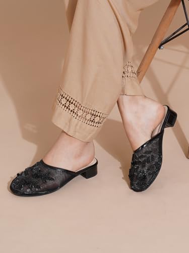 Image of TRYME Embellished Block Heel Mules for Women | Elegant Slip On Dress Sandals | Comfortable Fashion Heels for Casual, Wedding & Evening Occasions