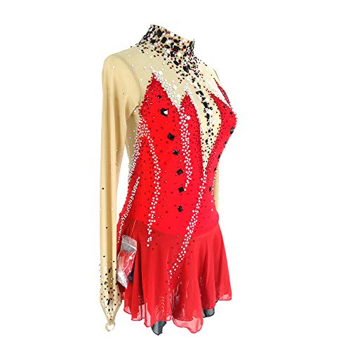 Vestido de patinação no gelo para meninas de manga comprida com contas vestido de dança, Vermelho, P