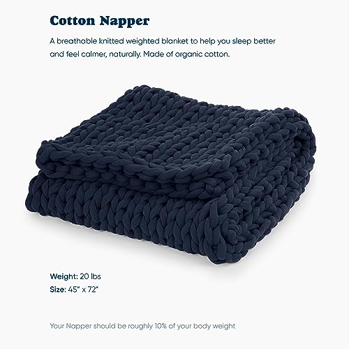 Image of Bearaby Cotton Hand-Knit Weighted Blankets for Adults - Chunky Knit Blanket - Sustainable, Breathable, Organic, Cooling Weighted Blanket - Machine Washable (Midnight Blue, 20 lbs, 45 inchx72 inch)