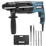 WESCO Bohrhammer 800W, 2,8 J 3 in 1 Bohrmaschine Abbruchhammer, 5 Stück SDS-plus-Wechselfutter & Links-/Rechtslauf, Max Bohrleistung bei Stahl:13mm, Stein:26mm, Holz:30mm