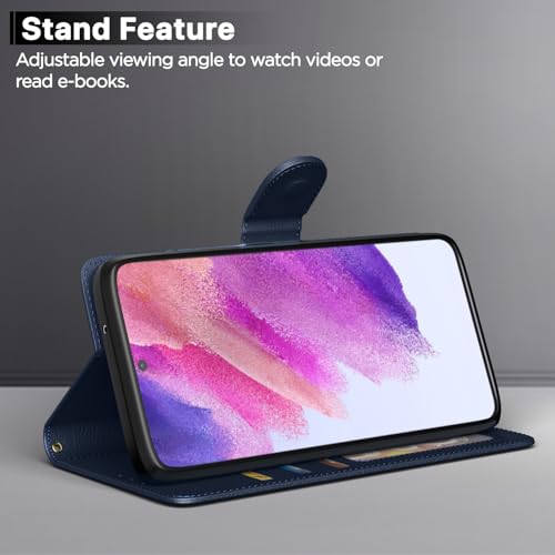Image of Amazon Basics Flip Cover for Samsung Galaxy S21 FE 5G Leather Finish | Wallet Stand and Shock Proof | Inside TPU with Card Pockets | Complete Protection Flip Case (Blue)