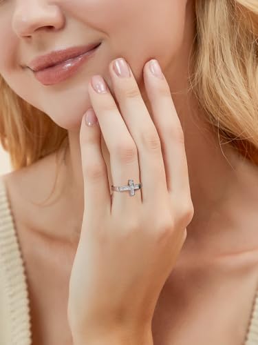 D Color VVS1 Clarity Moissanite Cross Rings for Women Men, Pretty and Elegant Stackable Cross Ring, Solid 925 Sterling Silver with Rhodium Finish, Wedding Band Aniversary Jewelry, Size4-112