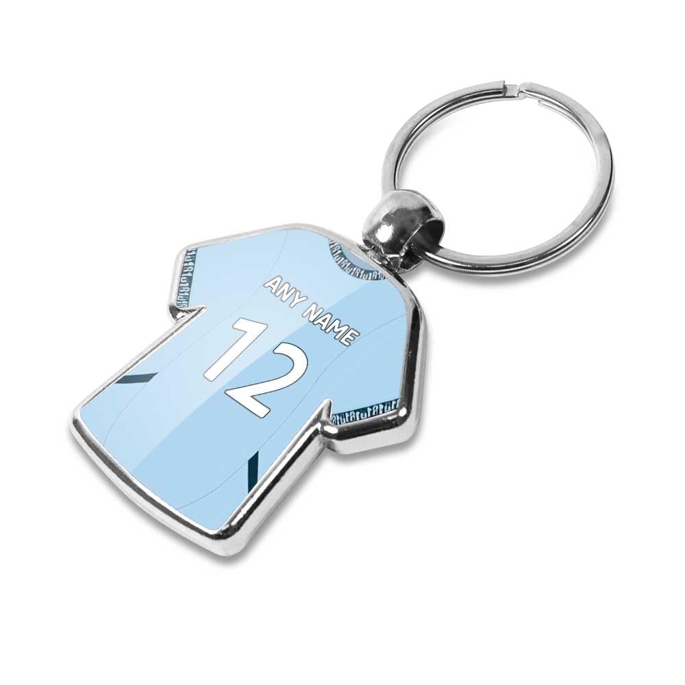 Graphics 'n' Tees Personalised keyring for all Man City fans, football Man City 24/25 Team shirt keyring, personalise with any name and number